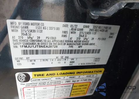 2022 Ford Expedition Xlt из США, поврежденный, VIN 1FMJU1JT5NEA28728